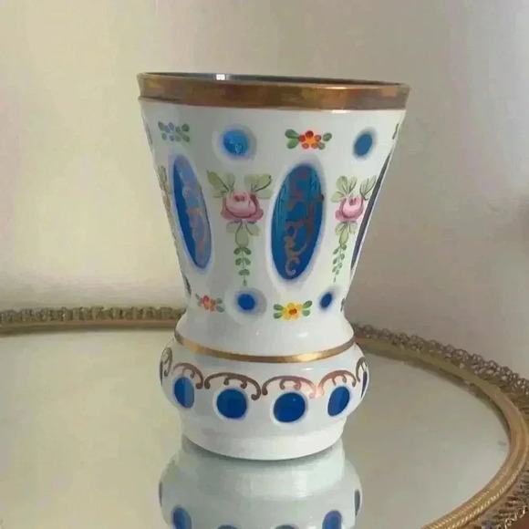 Bohemia Czech Table Vase white clear cut to blue glass design Pokal Goblet Vase - Picture 2 of 9